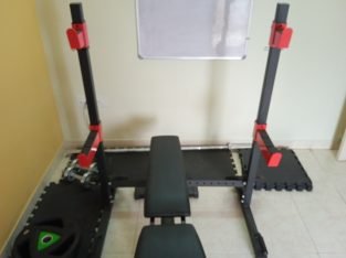 Bench press, weights, rod, stand, dumbells